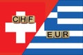 Switzerland and Greece currencies codes on national flags background