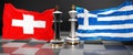 Switzerland Greece talks, meeting or trade between those two countries that aims at solving political issues, symbolized by a