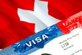 Switzerland immigration visa. Closeup Visa to Switzerland focusing on word VISA, 3D rendering. Travel or migration to Switzerland