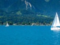 Switzerland, Interlaken, August 16,2009: A yacht speeds across the lake in Interlaken