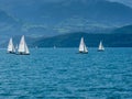 Switzerland, Interlaken, August 16,2009: A yacht speeds across the lake in Interlaken