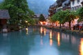 Switzerland, Interlaken. Evening view of a small r