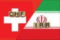Switzerland and Iran currencies codes on national flags background