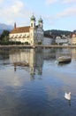 Reflection of Jesuitenkirche in the Reuss river, Luzern.