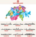 Switzerland map with main cities on it. Swiss cities skylines illustrations