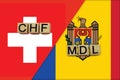 Switzerland and Moldova currencies codes on national flags background