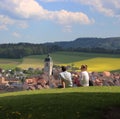 Switzerland nature couple blue sky yellow canola flowers