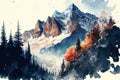 Watercolor illustration of the famous beautiful Swiss Alps