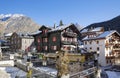 Modern wooden hotels on a bright sunny day in the charming Swiss resort of Saas-Fee