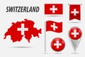 SWITZERLAND. Set flag, map pointer, button, waving flag, symbol, flat icon and map in the colors of the flag. Vector illustration Royalty Free Stock Photo