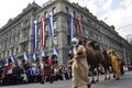 Three camels joining the traditional SechselÃÂ¤uten-Parade crossing ZÃÂ¼richs Paradeplatz