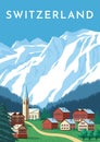 Switzerland travel retro poster, nature vintage banner. Summer Alps landscape, mountain Austria village. Flat vector illustration Royalty Free Stock Photo