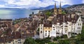 Switzerland travel and scenic places. Aerial drone view of Neuchatel charming town and lake