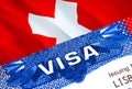 Switzerland Visa in passport. USA immigration Visa for Switzerland citizens focusing on word VISA. Travel Switzerland visa in