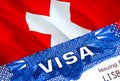 Switzerland visa stamp in passport with VISA text. Passport traveling abroad concept. Travel to Switzerland concept - selective