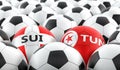 Switzerland vs. Tunisia Soccer match - Soccer balls in Switzerland and Tunisia national colors.