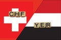 Switzerland and Yemen currencies codes on national flags background