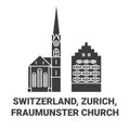 Switzerland, Zurich, Fraumunster Church travel landmark vector illustration