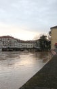 Swollen Bacchiglione River at risk of overflowing in the city of Vicenza Italy