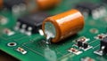 Swollen, leaking electrolytic capacitor on green circuit board. Damaged component indicates computer hardware failure. Focus on Royalty Free Stock Photo