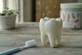 Swollen tooth model beside toothpaste and toothbrush in a cozy indoor setting. Generative AI Royalty Free Stock Photo