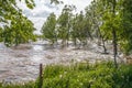 Swollen turbulent and flooded Arkansas River as it runs through Tulsa OK with trees out in water and partially submerged log - Royalty Free Stock Photo