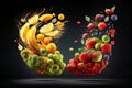 swoosh of fruits and vegetables in the air, creating fruit jujitsu combination for victory