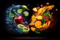 swoosh of fruits and vegetables in the air, creating fruit jujitsu combination for victory