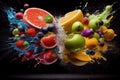 swoosh of fruits and vegetables in the air, creating fruit jujitsu combination for victory