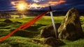 Sword in the dramatic sunny landscape.