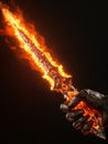 Fire sword in a male warriors hand. AI