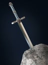 sword excalibur King Arthur stuck in the rock stone isolated render. metaphor of candidate applicant test Royalty Free Stock Photo