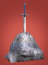 sword excalibur King Arthur stuck in the rock stone isolated render. metaphor of candidate applicant test