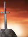 sword excalibur King Arthur stuck in the rock stone isolated render. metaphor of candidate applicant test