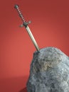 sword excalibur King Arthur stuck in the rock stone isolated render. metaphor of candidate applicant test
