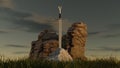 Sword excalibur in stone in mountains. Medieval sword king Arthur driven into rock, fairy tale. 3d render