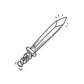 Sword, hand-drawn doodle in sketch style. Ancient edged weapons. Sword of ancient warriors. Handled with a gemstone