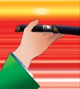 A hand in green kimono holding tanto sword at sunset in anime style