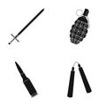 Sword, hand grenade, cartridge, nunchaki. Weapons set collection icons in black style vector symbol stock illustration Royalty Free Stock Photo