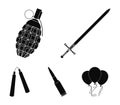 Sword, hand grenade, cartridge, nunchaki. Weapons set collection icons in black style vector symbol stock illustration Royalty Free Stock Photo