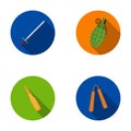 Sword, hand grenade, cartridge, nunchaki. Weapons set collection icons in flat style vector symbol stock illustration Royalty Free Stock Photo