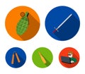 Sword, hand grenade, cartridge, nunchaki. Weapons set collection icons in flat style vector symbol stock illustration Royalty Free Stock Photo