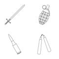 Sword, hand grenade, cartridge, nunchaki. Weapons set collection icons in outline style vector symbol stock illustration Royalty Free Stock Photo