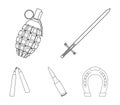 Sword, hand grenade, cartridge, nunchaki. Weapons set collection icons in outline style vector symbol stock illustration Royalty Free Stock Photo