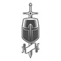 Sword and helmet of a medieval crusader knight with ribbon in monochrome style isolated vector illustration