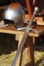 Sword and helmet medieval weaponry Royalty Free Stock Photo