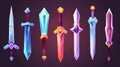 The sword of a knight, king or warrior with magic runes and gems in it. Modern cartoon set of fantasy dagger, knife and