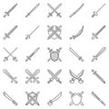 Sword outline concept icons set. Crossed swords vector signs