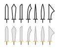 Sword pictogram set. Simple outline ancient weapon icons. Vector symbols.
