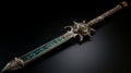 Fantasy Spiked Sword With Ornate Dark Gold And Turquoise Design